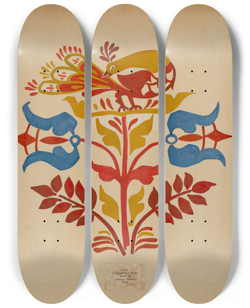 Triptych art skateboard deck of American 20Th Century Drawing For Plate 4 From Portfolio Folk Art Of Rural Pennsylvania by American 20Th Century