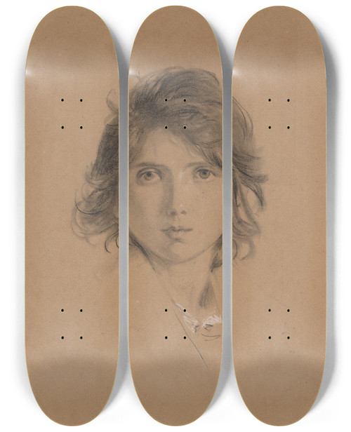 Triptych art skateboard deck of George Frederic Watts Study For The Head Of A Boy In Peasants Of The Campagne During The Vintage by George Frederic Watts (1817-1904)