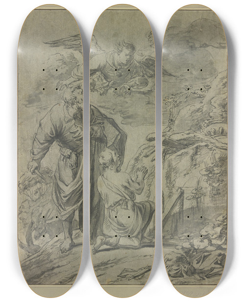Triptych art skateboard deck of Leonaert Bramer Abraham Im Begriff Seinen Sohn Isaak Zu Opfern Erblickt Den Engel by Leonaert Bramer (1596-1674)