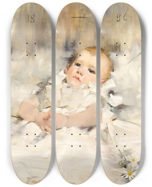 Triptych art skateboard deck of James Jebusa Shannon Baby In A Ruffled Dress by James Jebusa Shannon (1862-1923)