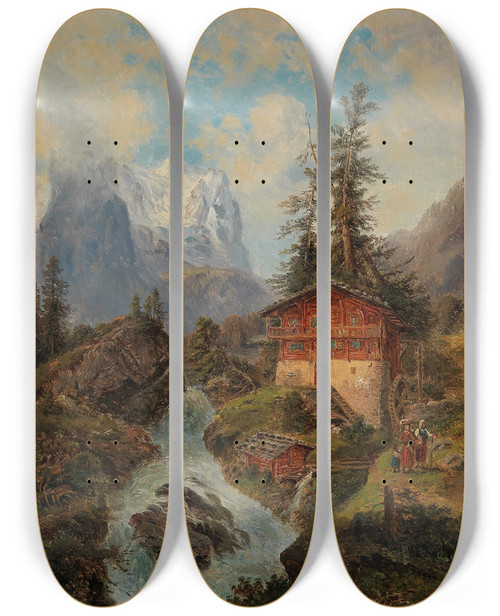 Triptych art skateboard deck of Gustav Barbarini Das Wetterhorn In Der Schweiz by Gustav Barbarini (1840-1909)