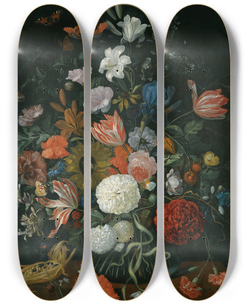 Triptych art skateboard deck of Jacob Rootius Still Life Of Flowers In A Vase On A Stone Ledge With A Corn Cob And A Snail by Jacob Rootius (1644-1681)