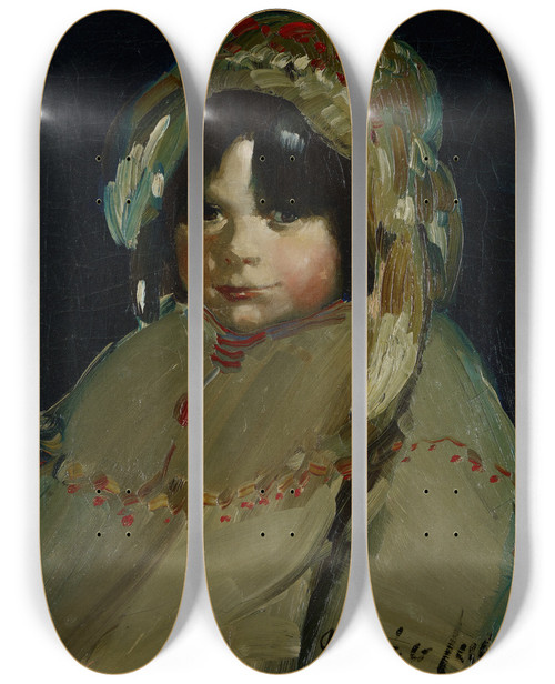 Triptych art skateboard deck of George Luks The Trappers Daughter by George Luks (1866-1933)
