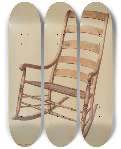 Triptych art skateboard deck of J Howard Iams Ladder Back Rocking Chair by J Howard Iams (20-)