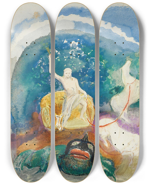 Triptych art skateboard deck of Odilon Redon Le Monstre Vert Apollon Chevauchantle Serpent Python by Odilon Redon (1840-1916)