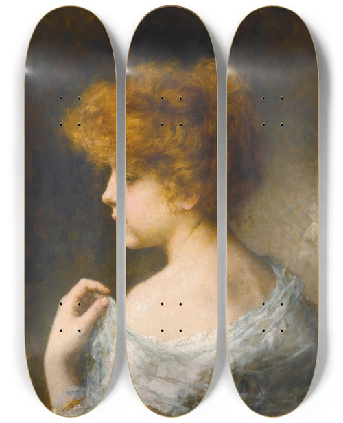 Triptych art skateboard deck of Alexei Harlamoff Young Girl With Red Hair by Alexei Harlamoff (1840-1925)