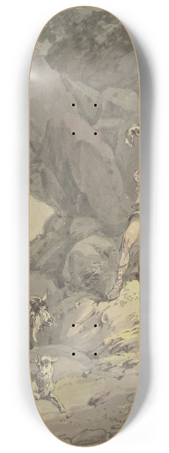 Franz Joseph Manskirsch - Schottischer Hirte mit seiner Ziegenherde vor einer Felswand sitzend, Dudelsack blasend 8.25 inch art skate deck