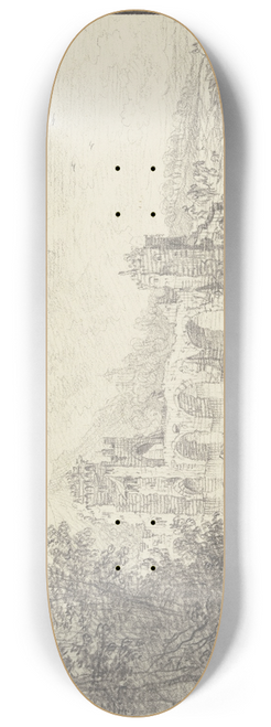 Franz Schtz - Von Trmen flankierte Brcke, im Vordergrund am Flu ein Angler und ein Reiter 8.25 inch art skate deck