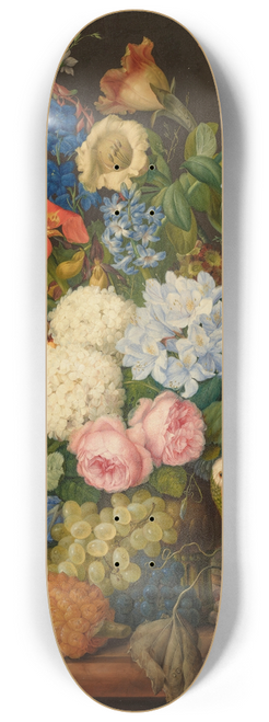 Franz Xaver Petter - Viburnum Oculus, Roses, Plumbago, Primula Auricula, Hemerocallis, Companula, Chinadoxia and Epiphyllum on a ledge with a Pineapple and a Parrot 8.25 inch art skate deck
