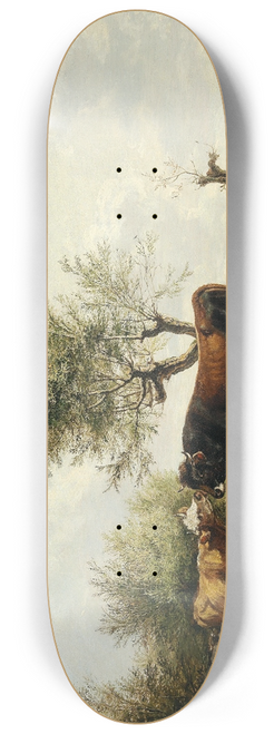 Friedrich August Matthias Gauermann - A Cow Licking a Bull in the Pasture 8.25 inch art skate deck