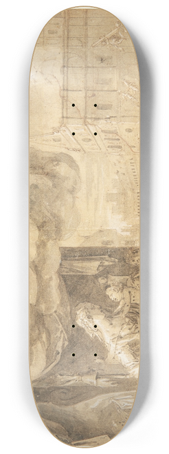 Friedrich Sustris - Den hellige familie Fo syngende engle I baggrunden Michaelskirken i Mnchen til hvis trn engle bringer byggemateriale 8.25 inch art skate deck