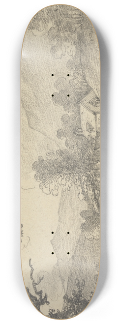 George Howland Beaumont - Two Figures by the Side of a Pond and a Church in a Hilly Landscape 8.25 inch art skate deck