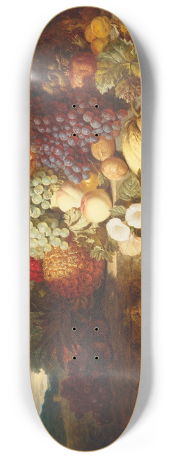 George Lance - Grapes, peaches, a melon and other fruit on a stone frieze with a birds nest 8.25 inch art skate deck