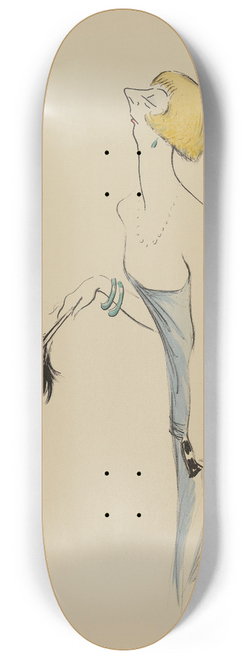 Georges Goursat (Sem) - une femme en robe bleue tenant une plume dautruche noire 8.25 inch art skate deck