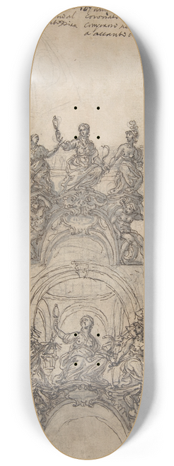 Giovanni Battista Foggini - Studies for a Sculpture with Figures of Prudence, Industry and Economy Supported by Slaves and an Oval Plaque with Cartouche; Separate Study for a Cupola 8.25 inch art skate deck