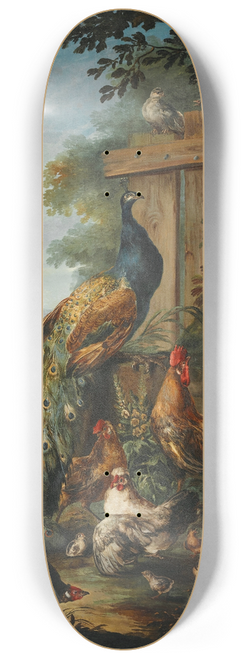 Giovanni Crivelli - A peacock, cocks, hens and other birds, with a landscape beyond 8.25 inch art skate deck