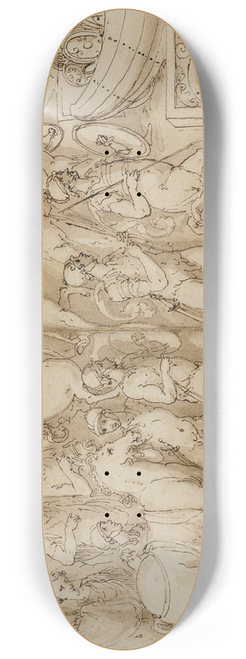Giovanni Guerra - De belejrede romere modtager forstrkninger fra den anden side; romerne p march med kejseren; bde med skjolde trkkes over en bro i oksekrrer 8.25 inch art skate deck