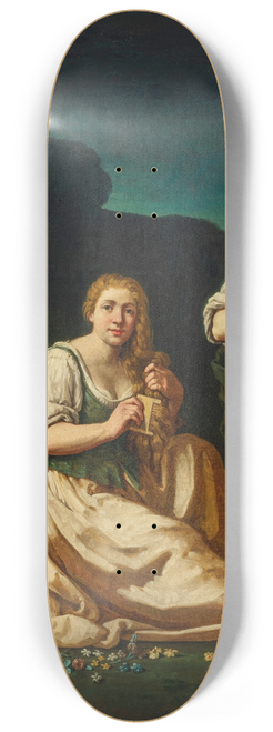 Giuseppe Gambarini - An allegory of Spring, with a young woman combing her hair and another holding a basket of flowers, in a landscape 8.25 inch art skate deck