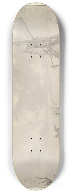 Abraham Van Strij - Winter Landscape with Skaters and Sledges on the Ice, a Bridge and a Mill behind 8.25 inch art skate deck
