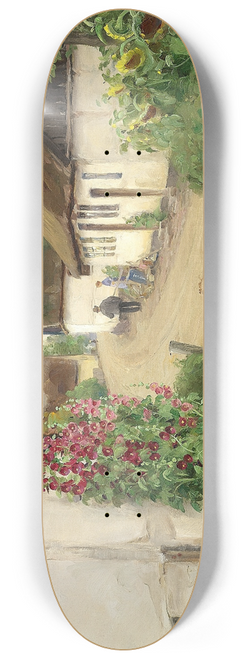 Hans Andersen Brendekilde - Sommerdag i en landsbygade med solsikker og rde stokroser 8.25 inch art skate deck