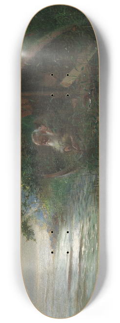 Hans Thoma - Auf der Jagd (Geistlicher im Ruderboot, am Seeufer Enten auflauernd) 8.25 inch art skate deck