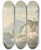 Triptych art skateboard deck of Peter La Cave Rustic Scene Man Fishing Left Cottage With Watermill And Horses Right by Peter La Cave
