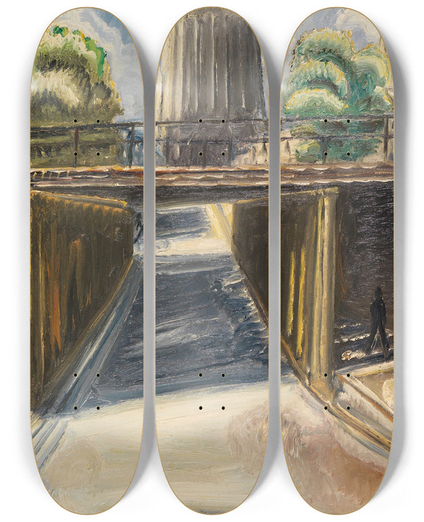 Triptych art skateboard deck of Paul Kleinschmidt Unterfhrung In Ulm by Paul Kleinschmidt (1883-1949)