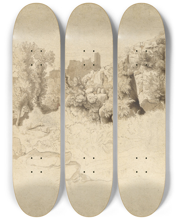 Triptych art skateboard deck of Heinrich Dreber Rock Formations Near Olevano by Heinrich Dreber (1822-1875)