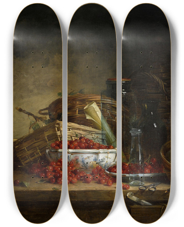 Triptych art skateboard deck of Ernest Eugne Lefebvre A Still Life With Cherries by Ernest Eugene Lefebvre