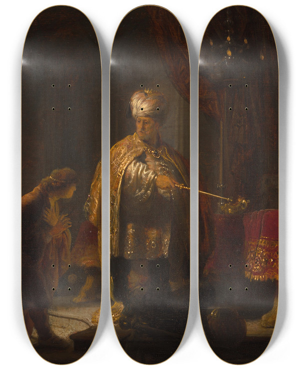 Triptych art skateboard deck of Rembrandt Van Rijn Daniel And Cyrus Before The Idol Bel by Rembrandt Van Rijn (1606-1669)