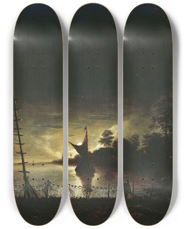 Triptych art skateboard deck of Anthonie Van Borssom Moonlit Landscape by Anthonie Van Borssom (1629-1677)