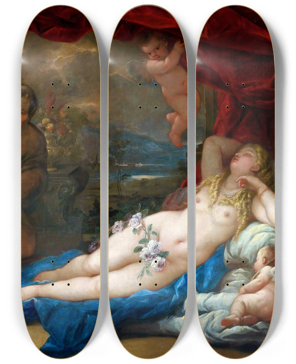 Triptych art skateboard deck of Luca Giordano Jupiter And Antiope by Luca Giordano (1634-1705)