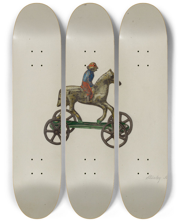Triptych art skateboard deck of Stanley Chin Toy Figure by Stanley Chin