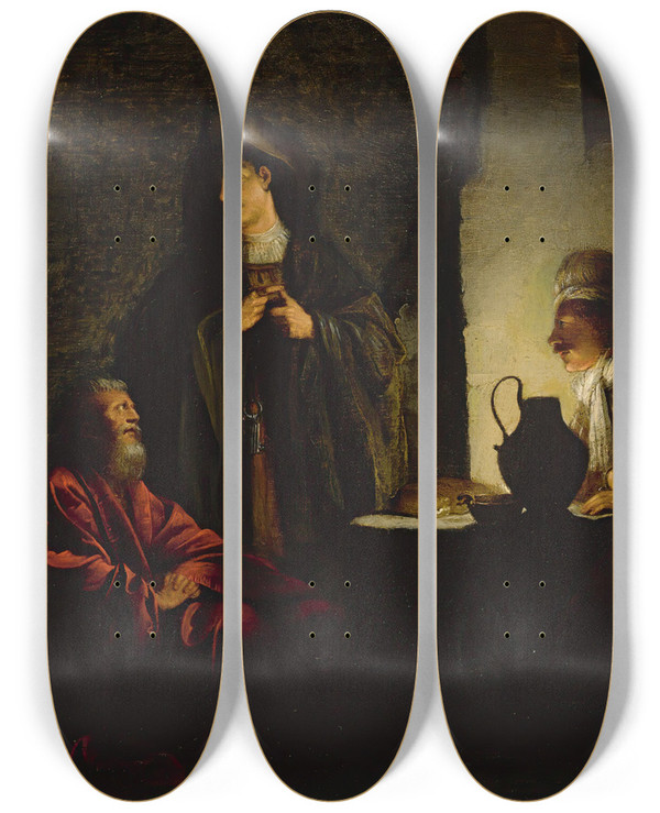Triptych art skateboard deck of Dirck Dircksz Van Santvoort Joseph In Prison by Dirck Dircksz Van Santvoort (1610-1680)