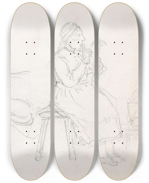 Triptych art skateboard deck of Adolph Tidemand Studier Av Eldre Kvinne by Adolph Tidemand (1814-1876)