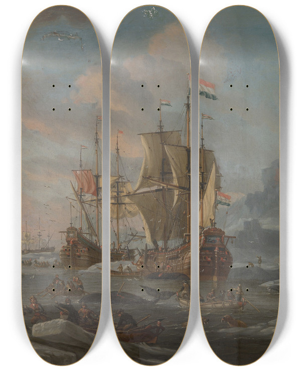 Triptych art skateboard deck of Abraham Storck The Dutch Whaling Fleet by Abraham Storck (1644-1708)