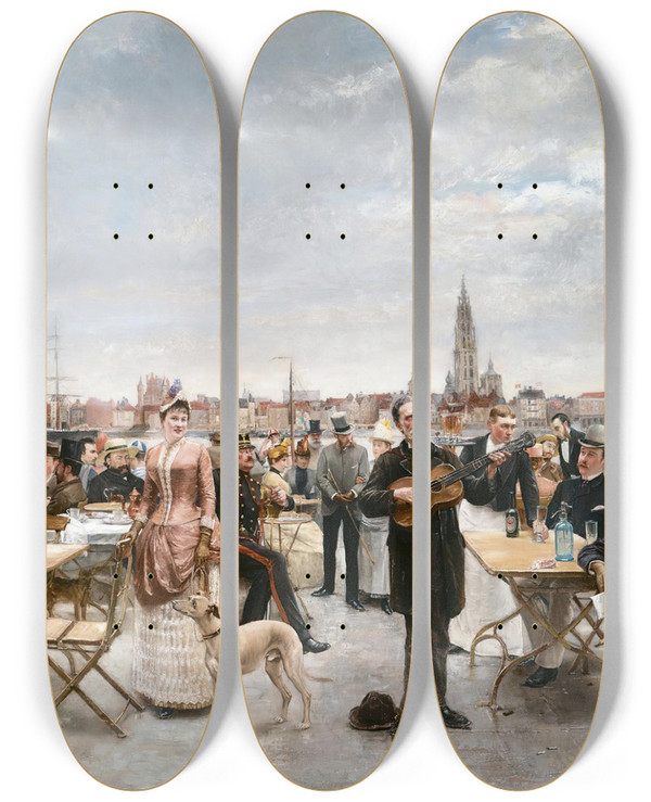 Triptych art skateboard deck of Louis Van Engelen The Caf Belvedere Antwerp by Louis Van Engelen (1856-1940)