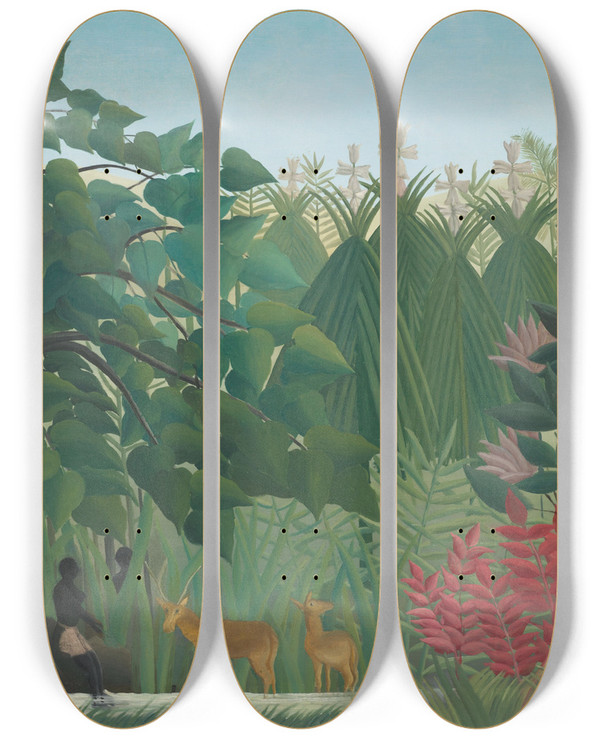 Triptych art skateboard deck of Henri Rousseau The Waterfall by Henri Rousseau (1844-1910)