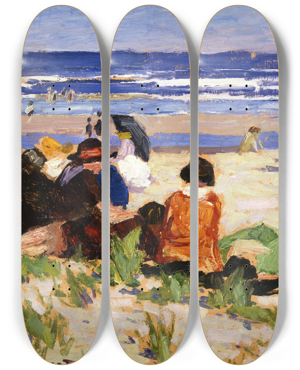 Triptych art skateboard deck of Edward Henry Potthast On The Beach Ogunquit Maine by Edward Henry Potthast (1857-1927)