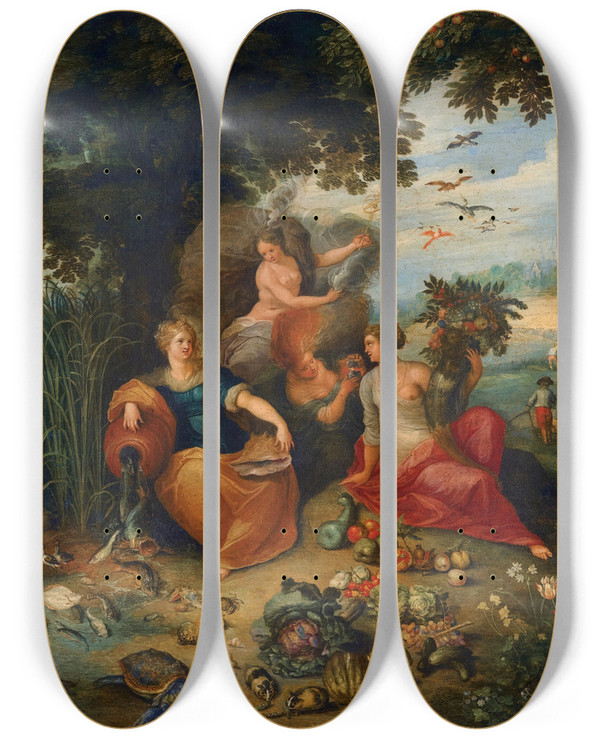 Triptych art skateboard deck of Jan Brueghel The Younger Allegory Of The Four Elements_1 by Jan Brueghel the Younger (1601-1678)