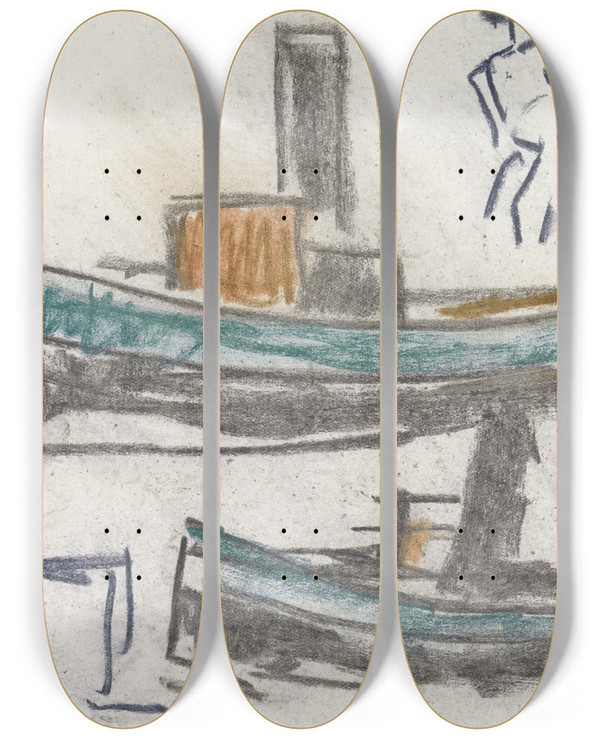 Triptych art skateboard deck of Leo Gestel Studieblad Met Schepen by Leo Gestel (1881-1941)