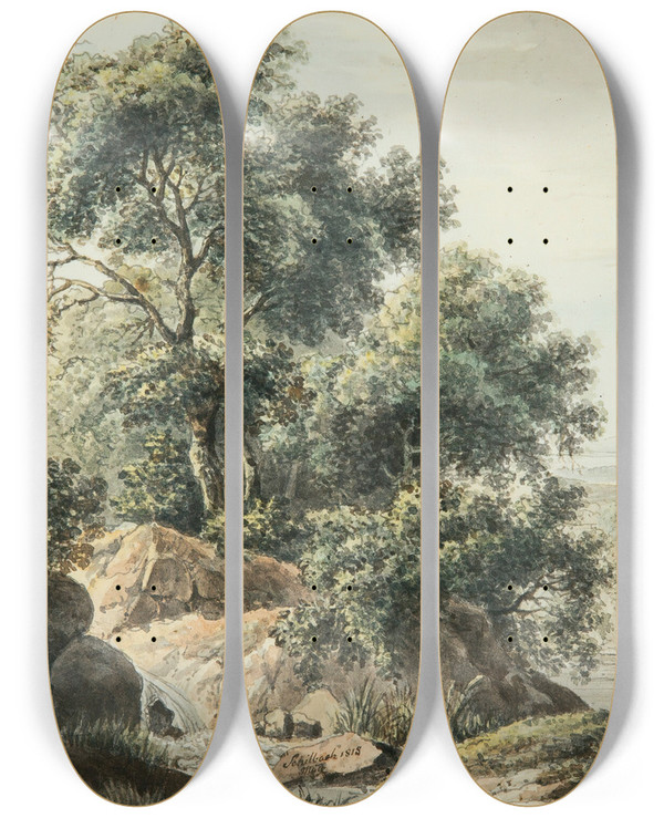 Triptych art skateboard deck of Johann Schilbach Italian Landscape by Johann Schilbach (1798-1851)