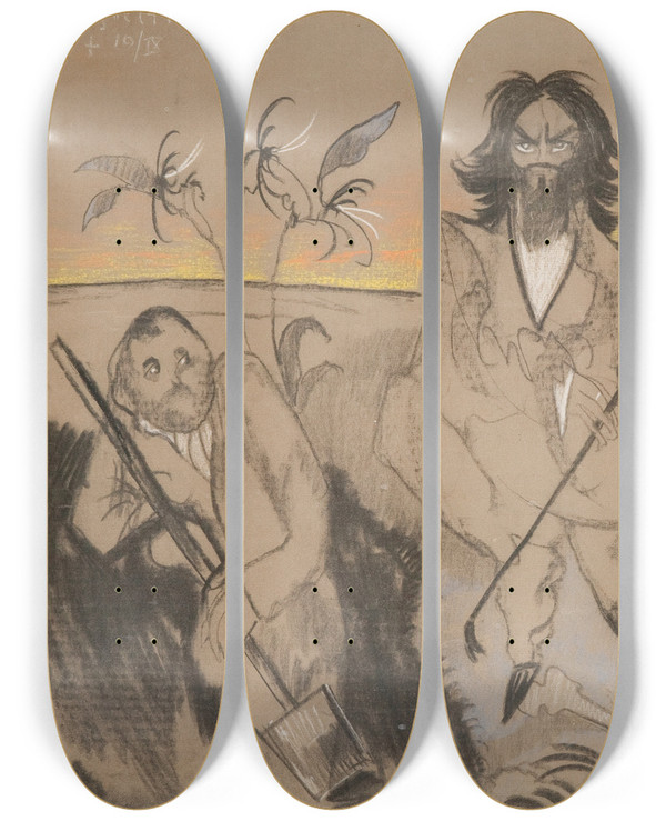 Triptych art skateboard deck of Stanisaw Ignacy Witkiewicz Gravediggers Monologue by Stanislaw Ignacy Witkiewicz (1885-1939)