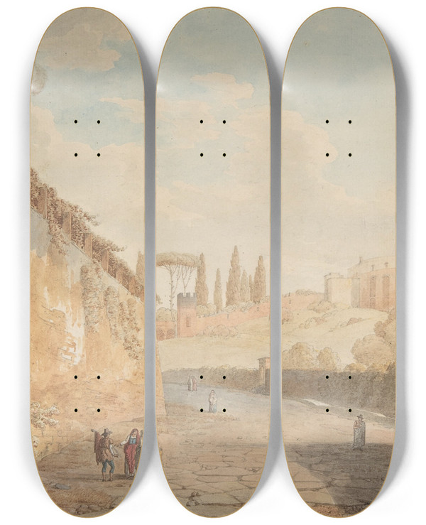 Triptych art skateboard deck of Jean Thomas Thibault A Road Below The Villa Deste At Tivoli by Jean Thomas Thibault (1757-1826)
