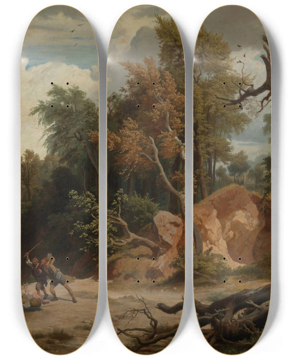 Triptych art skateboard deck of Johann Wilhelm Schirmer Der Mittag Der Berfall Auf Den Wanderer by Johann Wilhelm Schirmer (1807-1863)