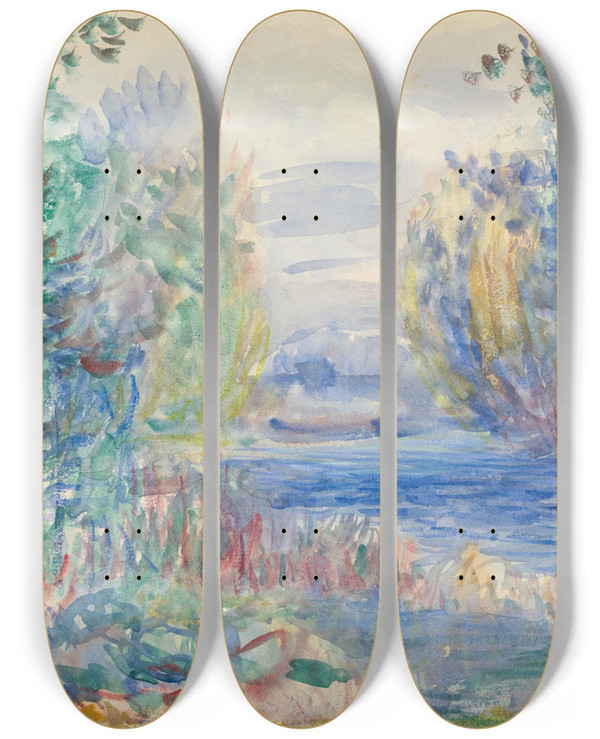Triptych art skateboard deck of Pierreauguste Renoir River Landscape_2 by Pierre-Auguste Renoir (1841-1919)