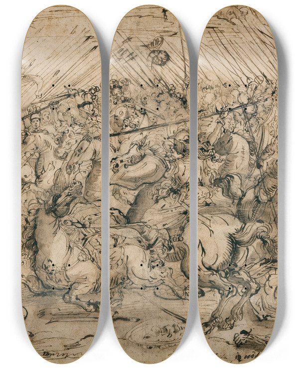 Triptych art skateboard deck of Antonio Tempesta Battle Scene by Antonio Tempesta (1555-1630)
