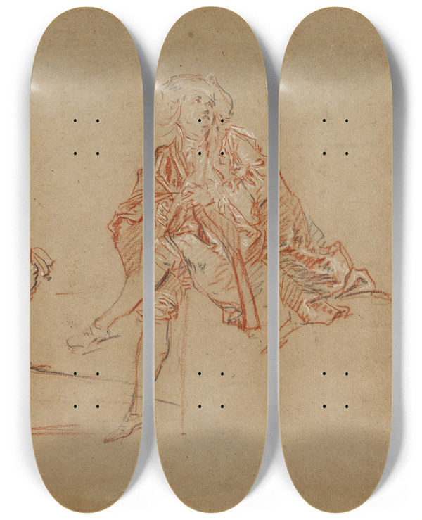 Triptych art skateboard deck of Nicolas Lancret Two Seated Men by Nicolas Lancret (1690-1743)