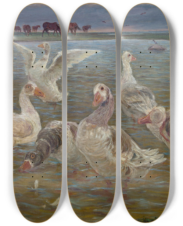 Triptych art skateboard deck of Theodor Philipsen Les Oies by Theodor Philipsen (1840-1920)