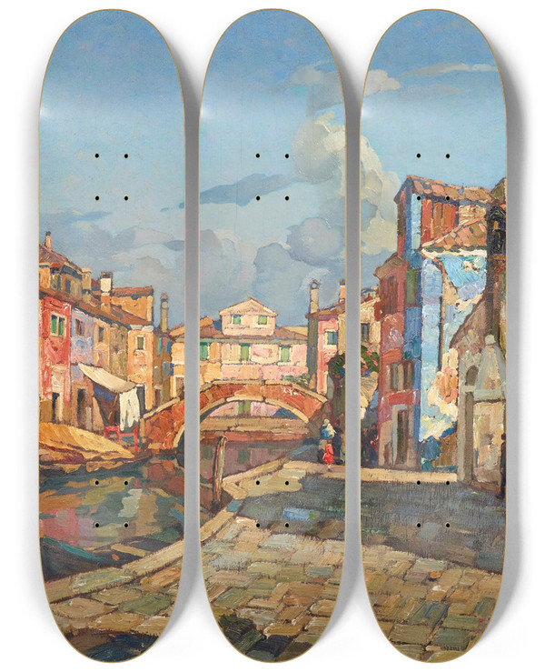 Triptych art skateboard deck of Angelo Pavan A View Of Burano by Angelo Pavan